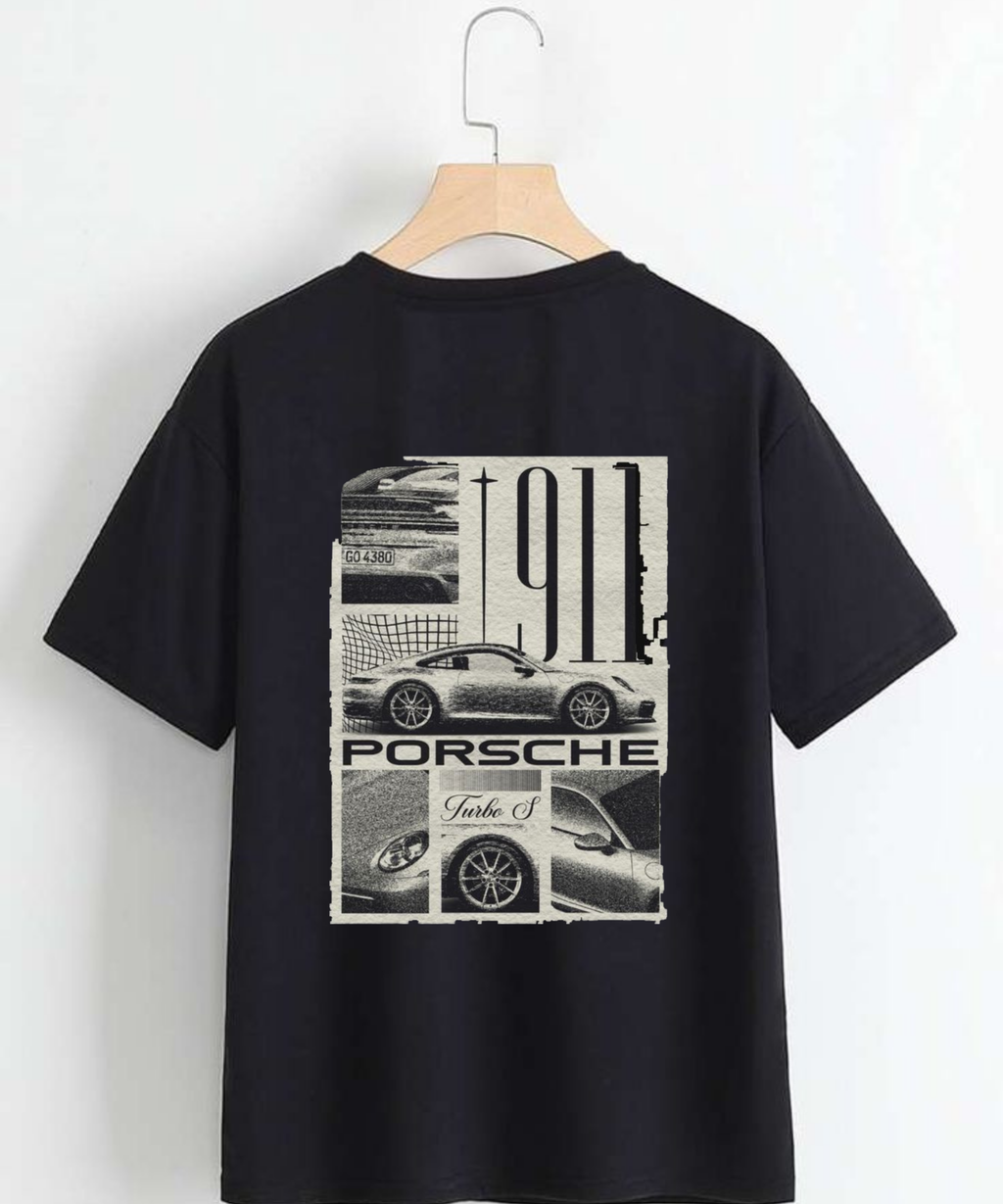 Unisex Oversized White and Black Porsche  T-Shirt